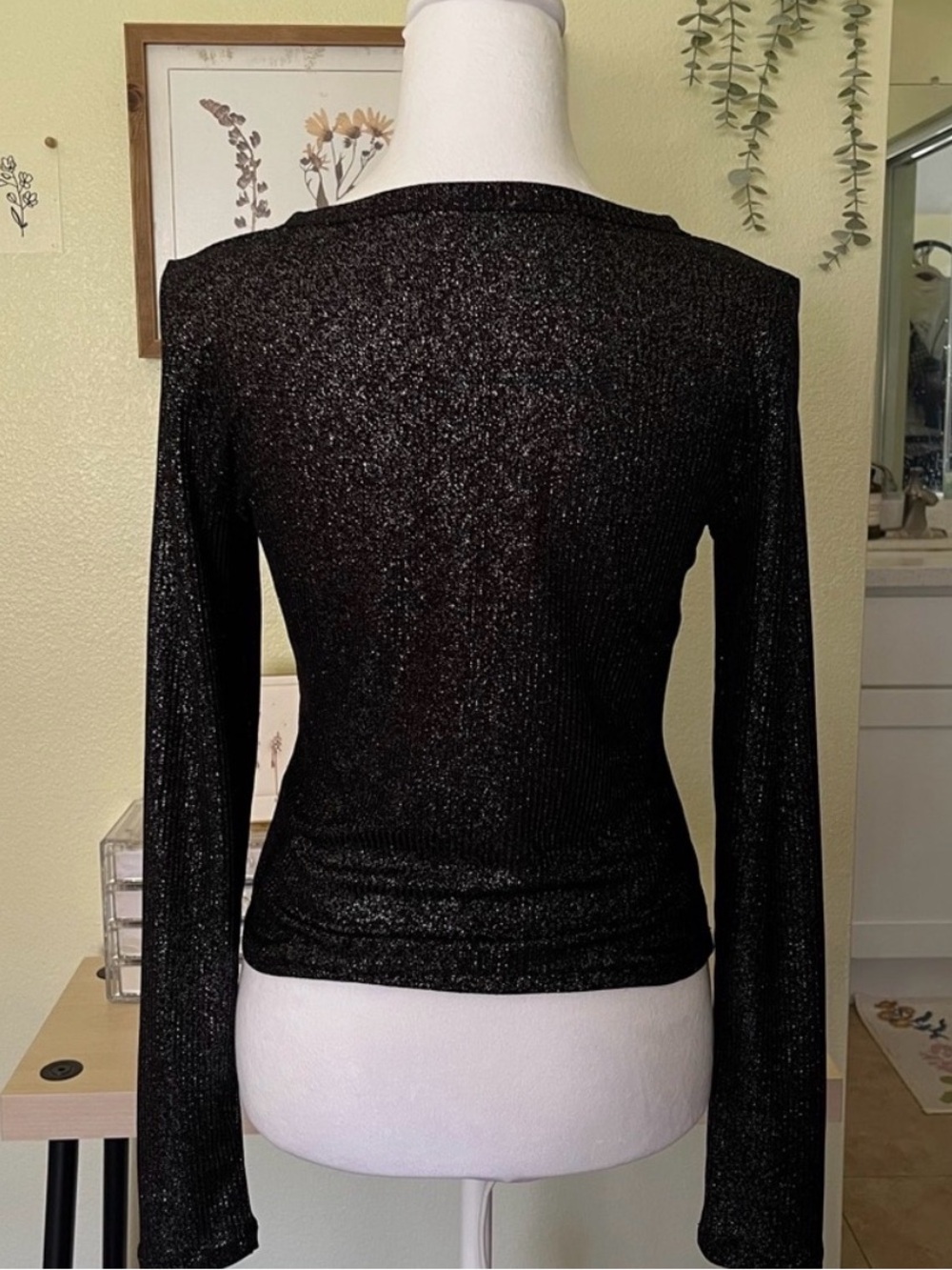 Pilcro Andie Ribbed Spotlight Henley Top Black Metallic Shimmer Going Out S - Picture 5 of 7